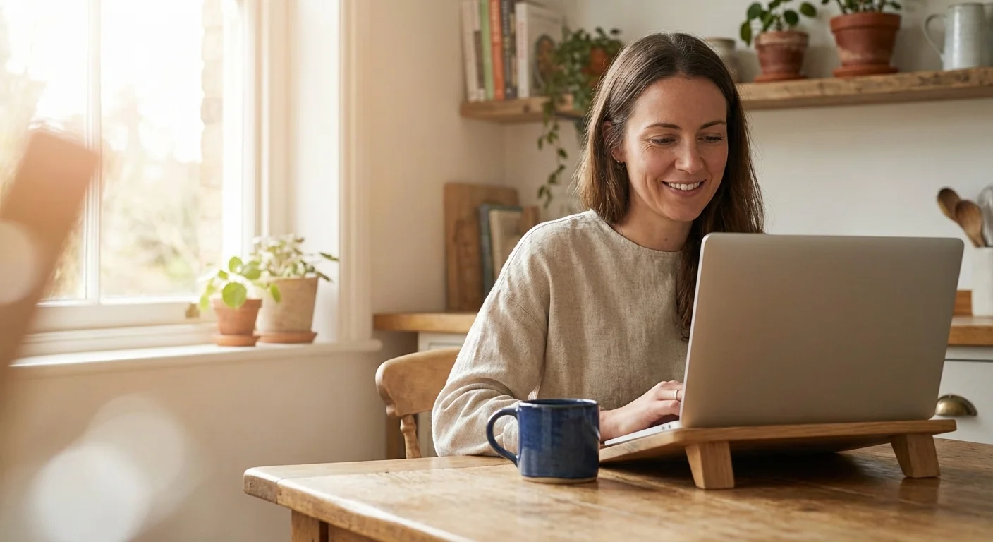 Smiling woman typing on a laptop at a wooden table in a sunlit kitchen setting.