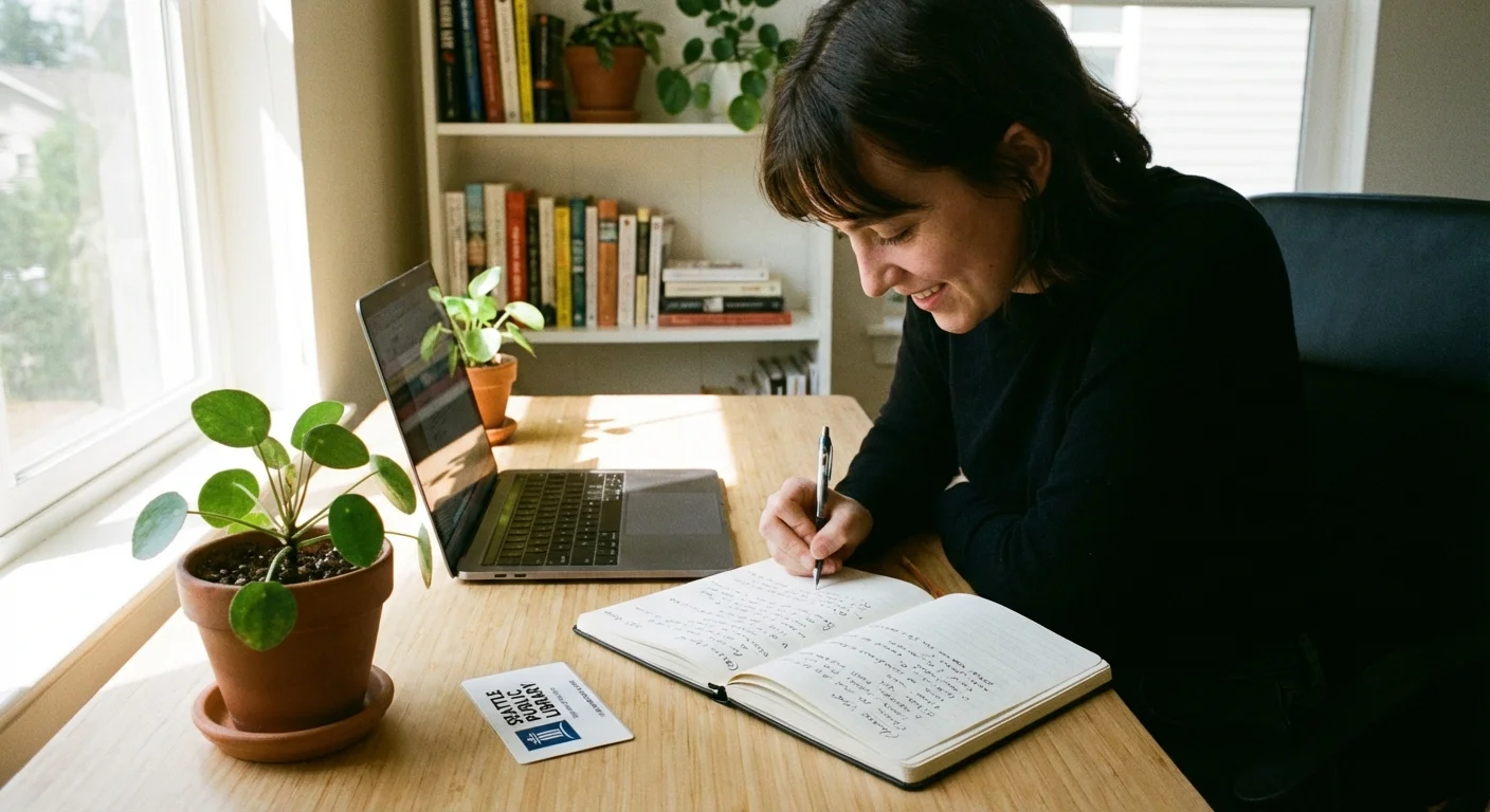 A person working at a bright desk with a laptop and a library card.