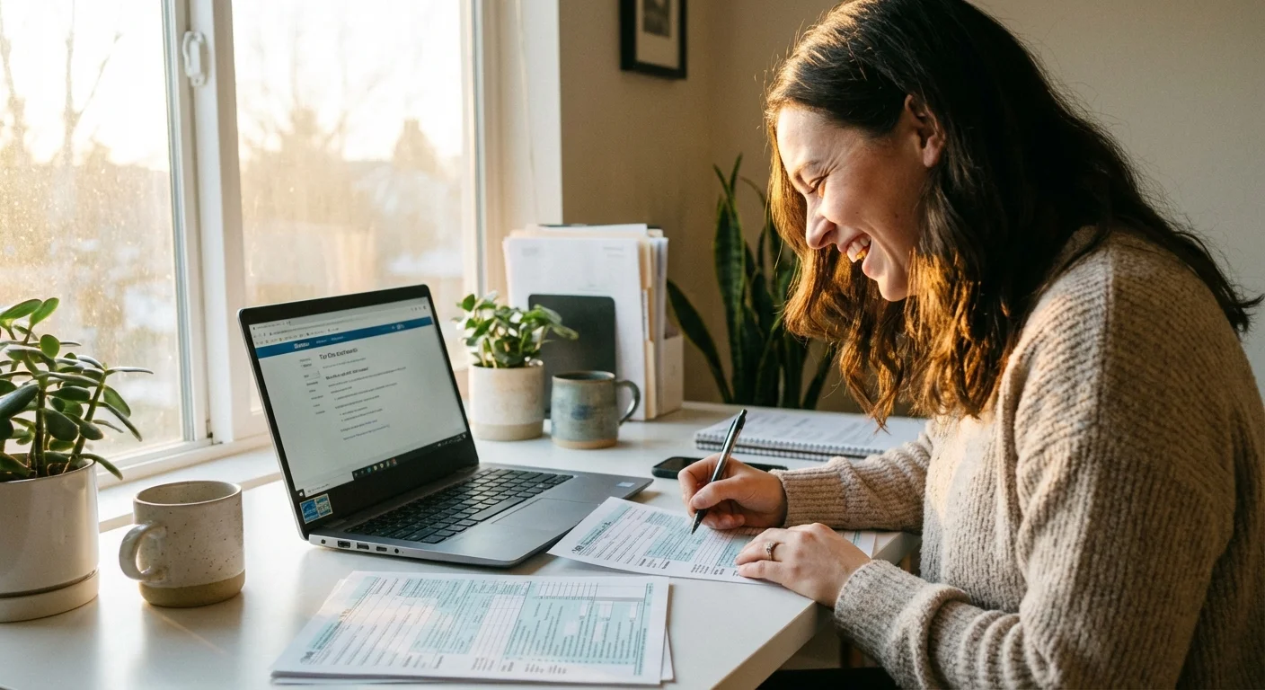 Smiling woman writing on paper documents at a bright home office desk with laptop