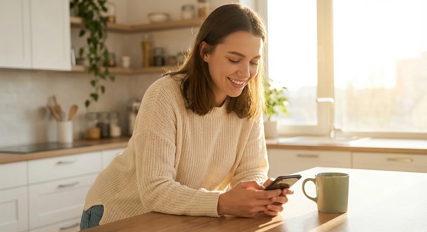 A smiling young woman in a cream sweater uses her smartphone in a bright kitchen.