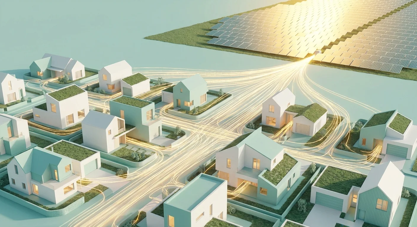 Isometric view of a solar farm powering a neighborhood of modern houses with green roofs.