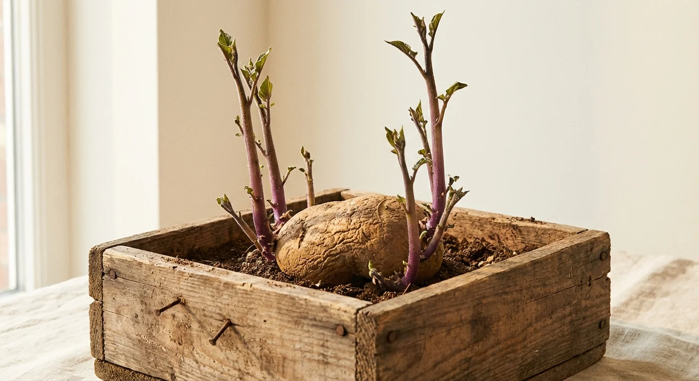 A potato with several sprouts growing out of its eyes in a wooden box.