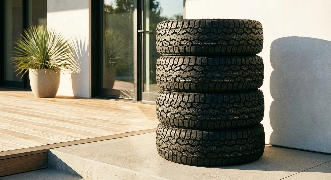 A stack of new tires delivered directly to a modern home's front porch.