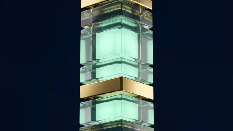 A vertical stack of glowing mint green glass cubes separated by polished gold metallic bands.