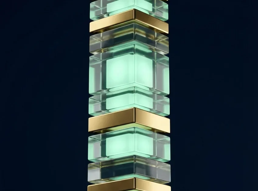 A vertical stack of glowing mint green glass cubes separated by polished gold metallic bands.