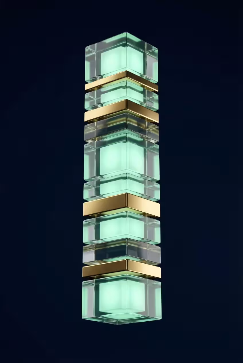 A vertical stack of glowing mint green glass cubes separated by polished gold metallic bands.