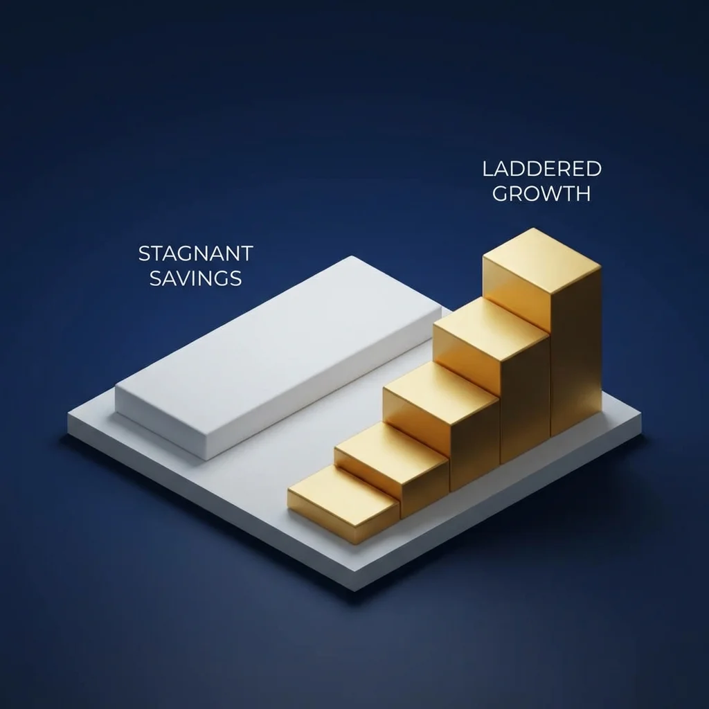 3D comparison of a flat white slab and a tiered gold staircase.