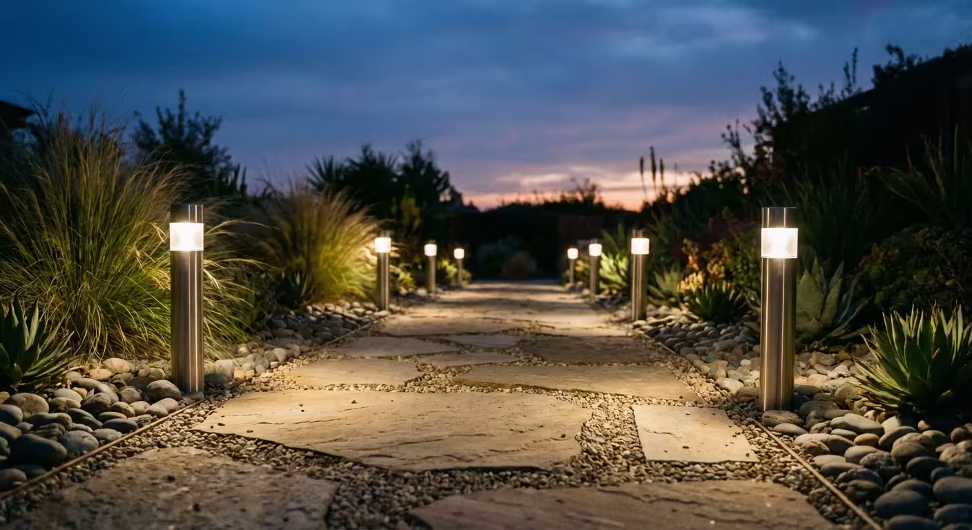 A flagstone garden path illuminated by modern stainless steel bollard lights at dusk with succulents
