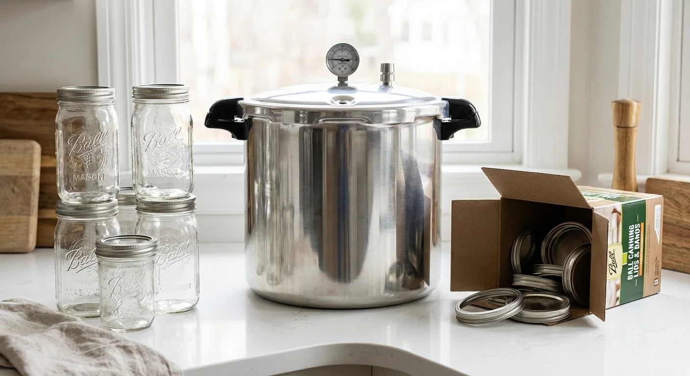 A collection of new canning equipment including a pressure canner and glass jars.
