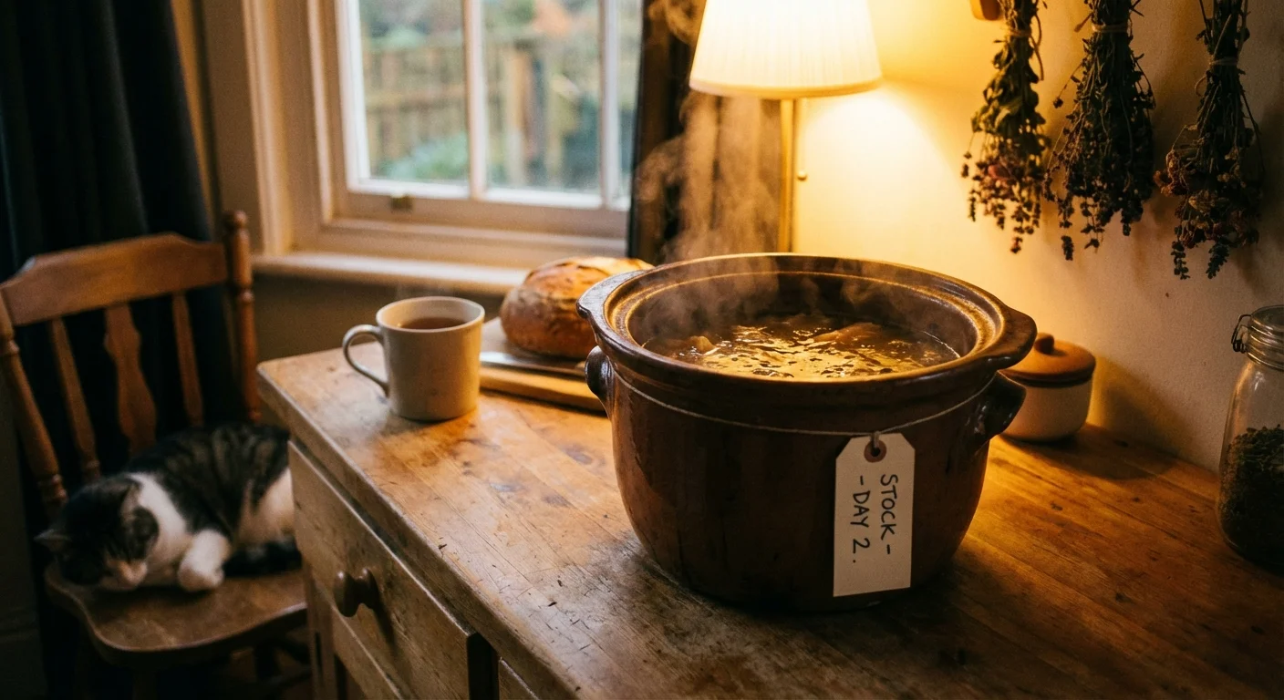 Steaming ceramic pot of stock on a rustic wooden table with a sleeping cat.