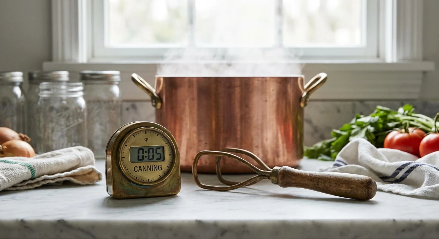 A kitchen timer and canning tools with steam rising in the background.