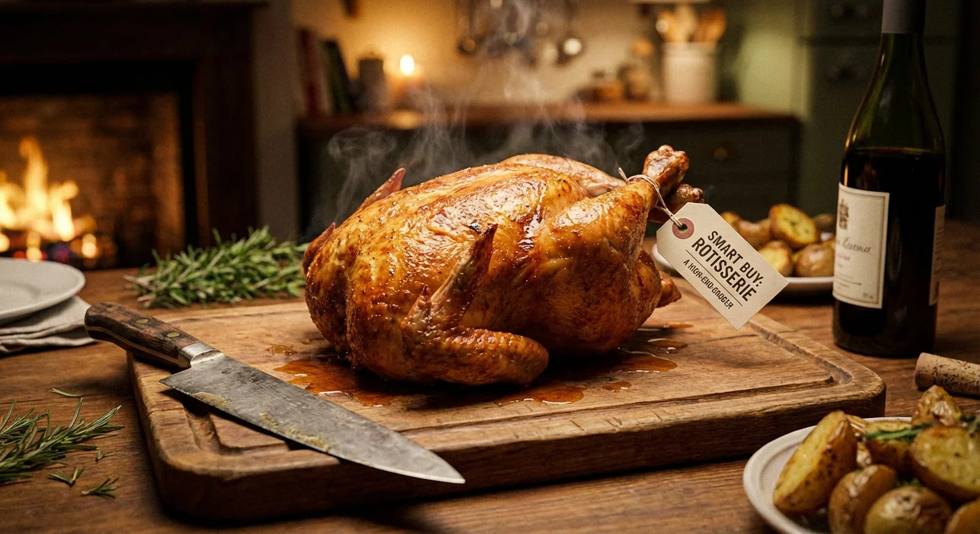 Roasted chicken on a wooden board as a budget meal hack.
