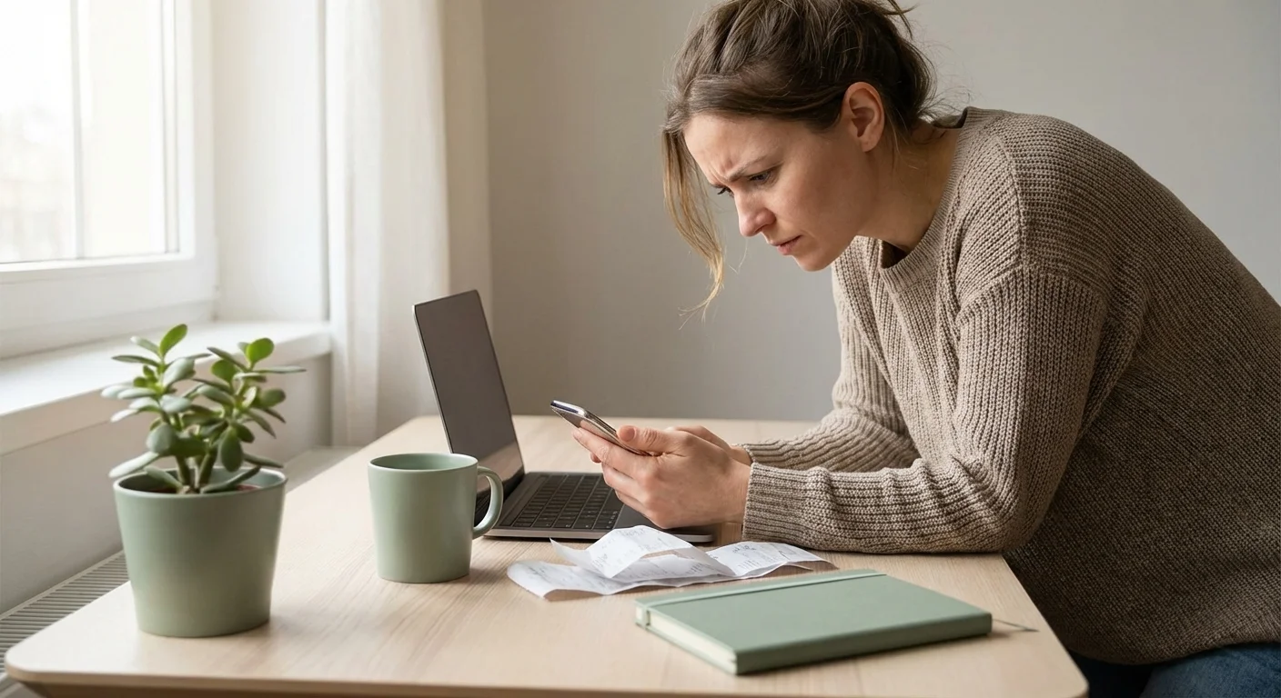 A woman looking thoughtfully at her phone while managing receipts.