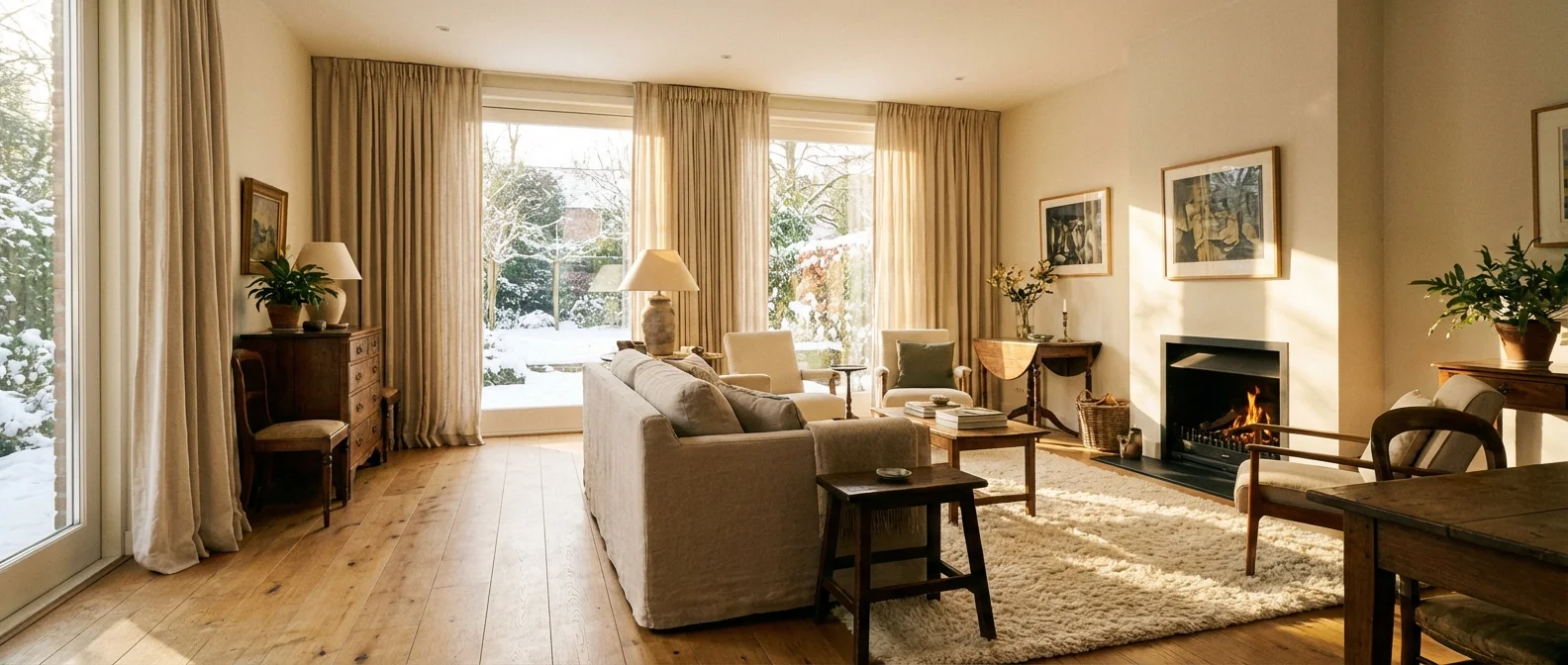 Sunlight streaming through open curtains into a modern living room.