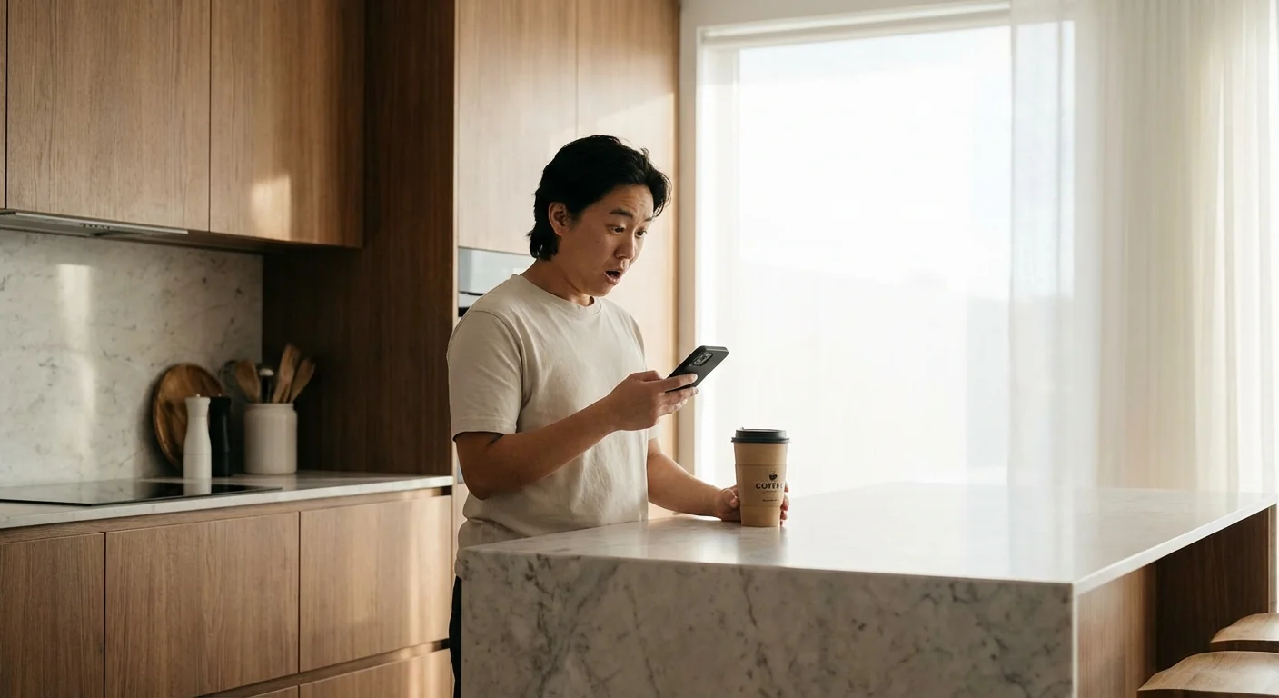 A person in a kitchen looking at their phone next to a take-out coffee cup.