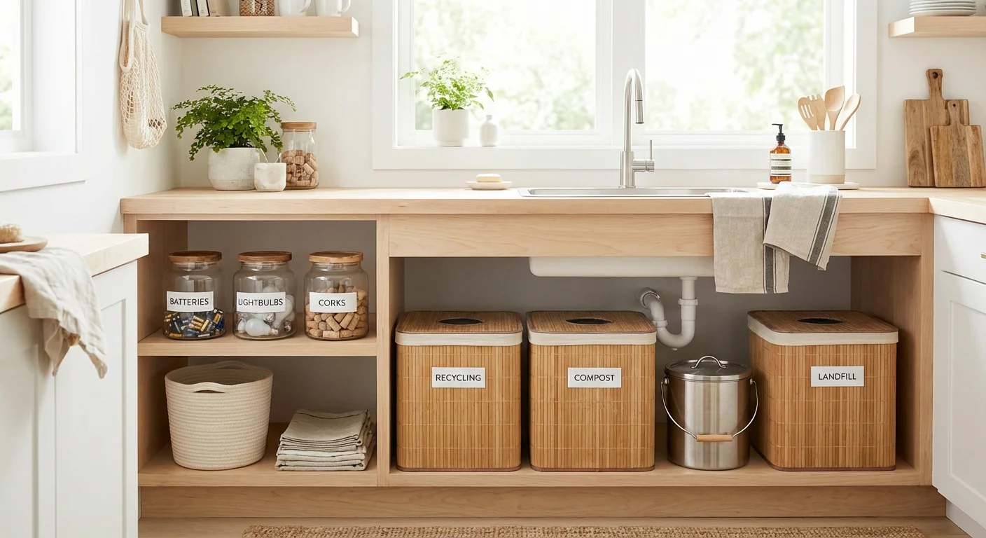 An organized navy binder and a stack of house photos on a wooden desk.
