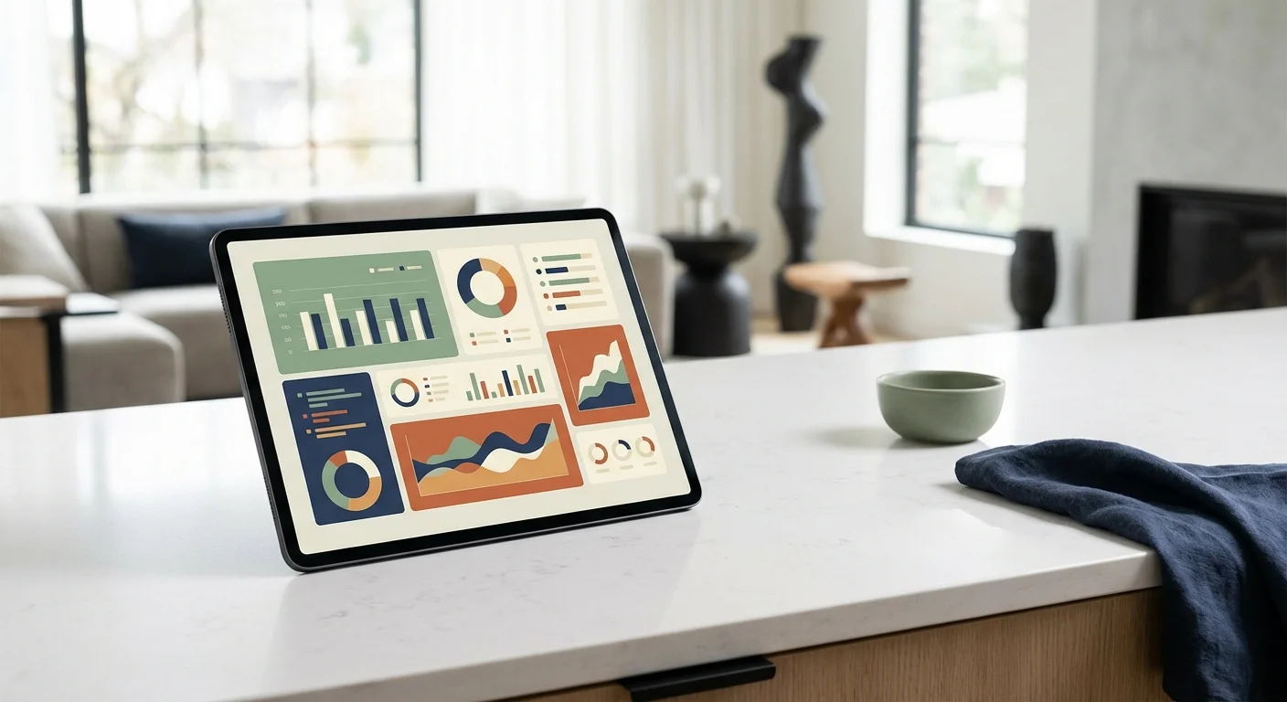 A tablet displaying an energy dashboard on a modern kitchen counter.