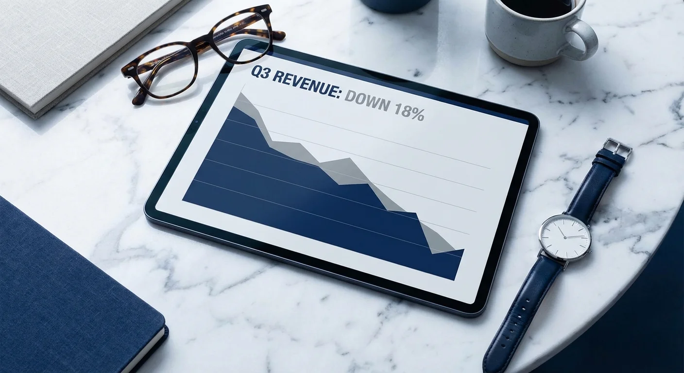 A tablet showing a downward trending graph on a marble table, representing efficient debt reduction.