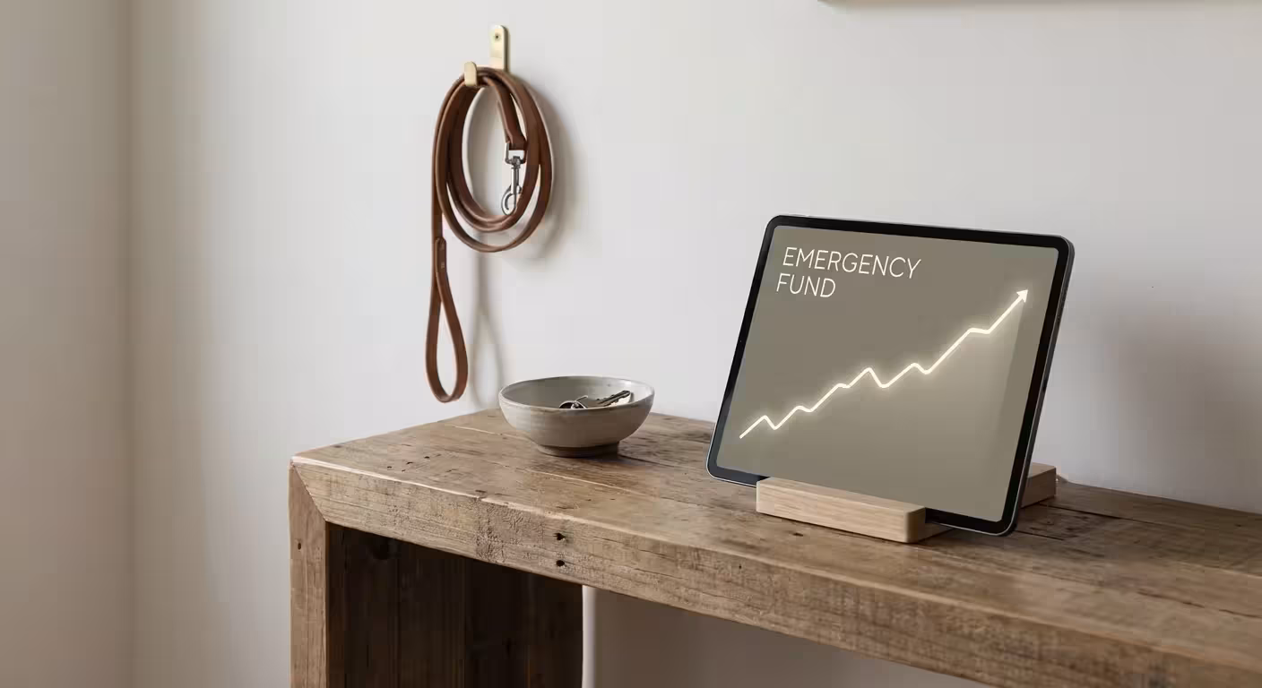 A digital tablet showing a growing savings fund next to pet accessories in a tidy home.