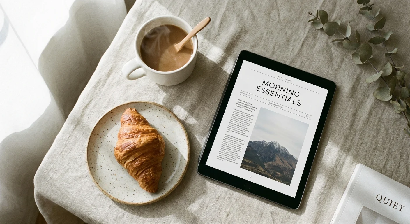 A flat lay of coffee, breakfast, and a tablet showing a digital magazine.