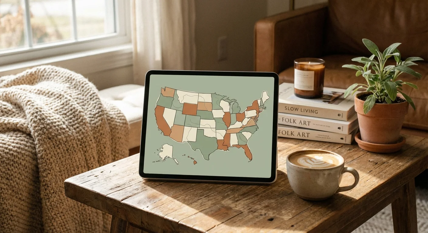A tablet showing a map of the US next to a coffee cup on a wooden table.
