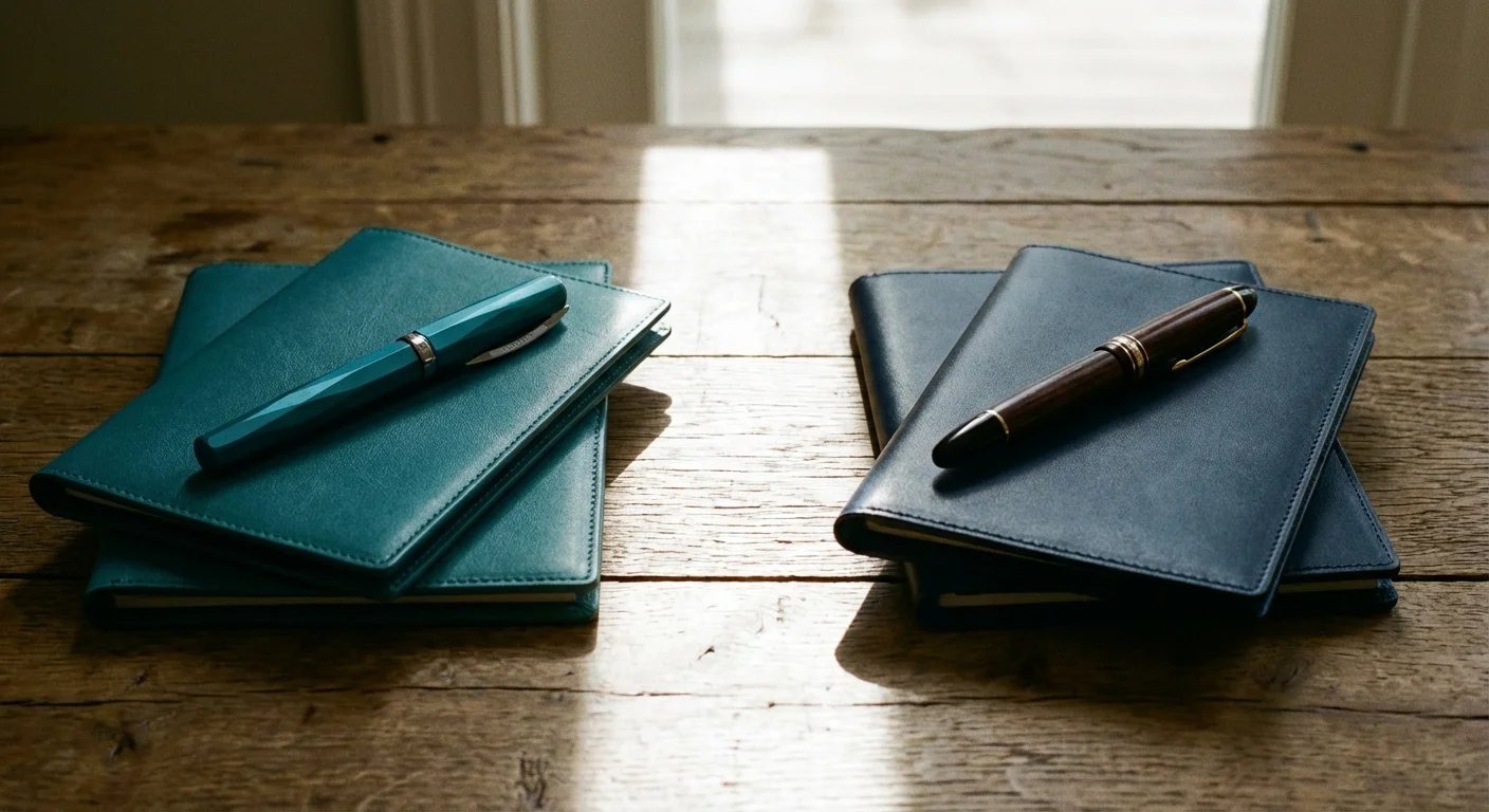 Two pens and two folders on a table, symbolizing a financial choice.