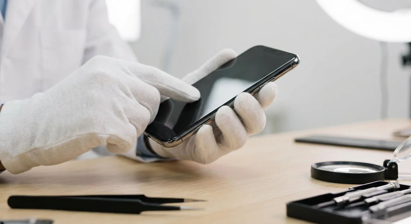 Close-up of a technician carefully inspecting a high-end smartphone for quality assurance.