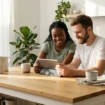 A happy couple sitting together in a bright kitchen looking at a tablet, symbolizing stress-free financial planning.