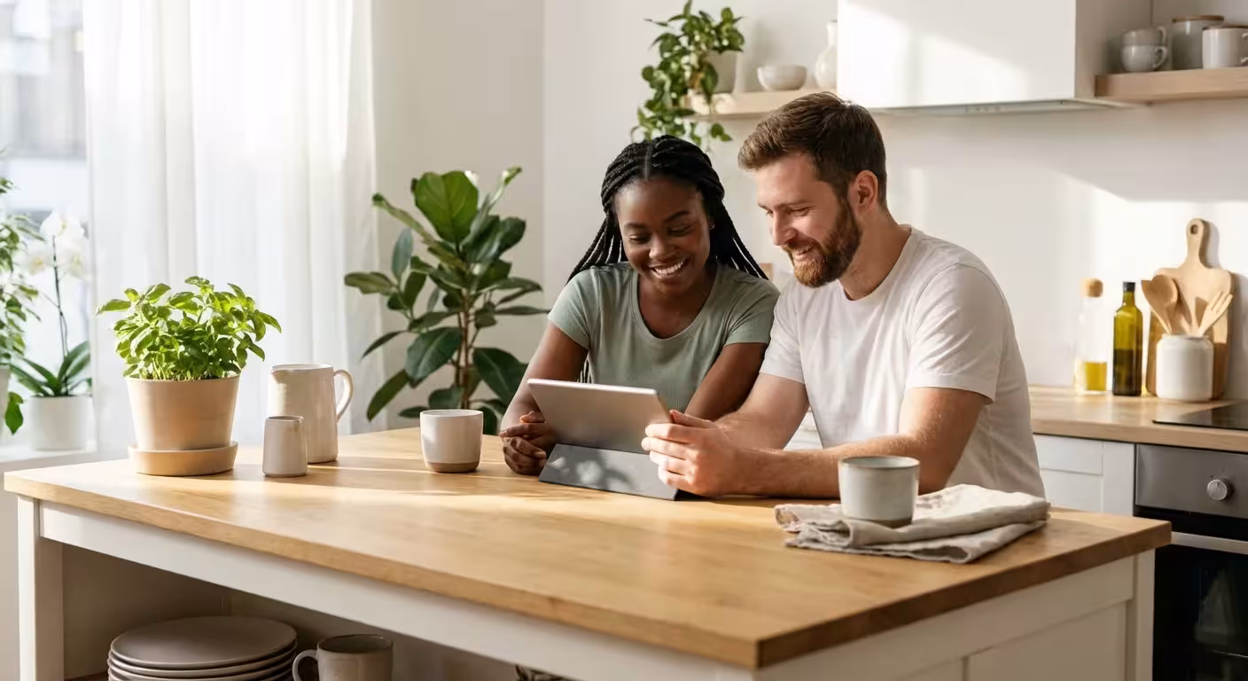 A happy couple sitting together in a bright kitchen looking at a tablet, symbolizing stress-free financial planning.