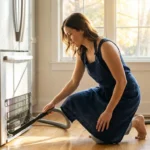 A homeowner performing maintenance on a refrigerator in a bright, modern kitchen.