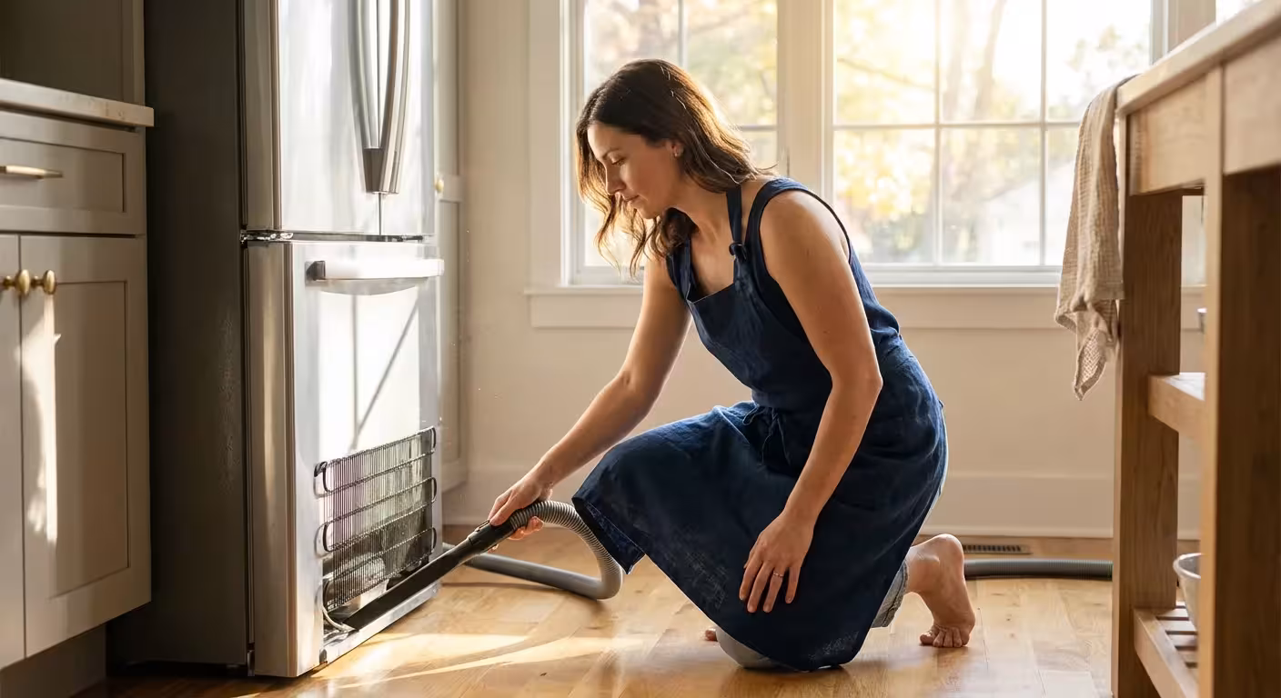 A homeowner performing maintenance on a refrigerator in a bright, modern kitchen.