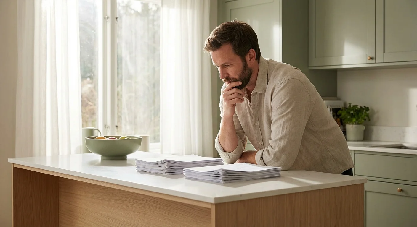 A man thoughtfully comparing two options in a bright, modern kitchen.