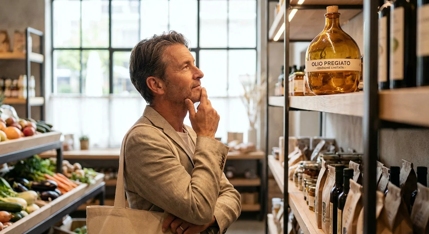A shopper looking at a specialty bottled item on a co-op shelf.