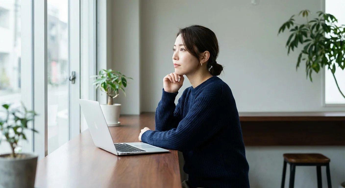 A thoughtful person sitting at a table with a laptop in a bright room.