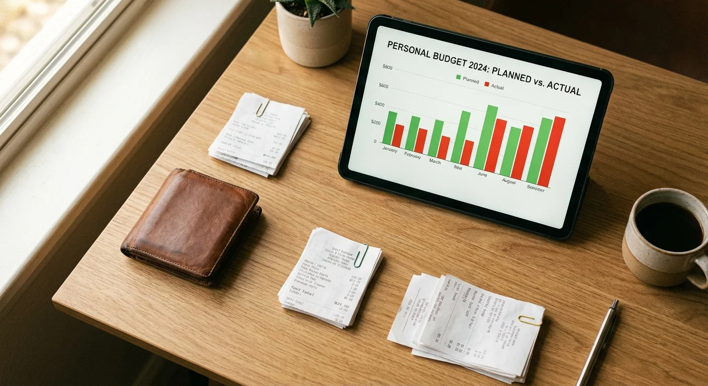 Top-down view of a tablet with data, a wallet, and receipts on a wooden desk.