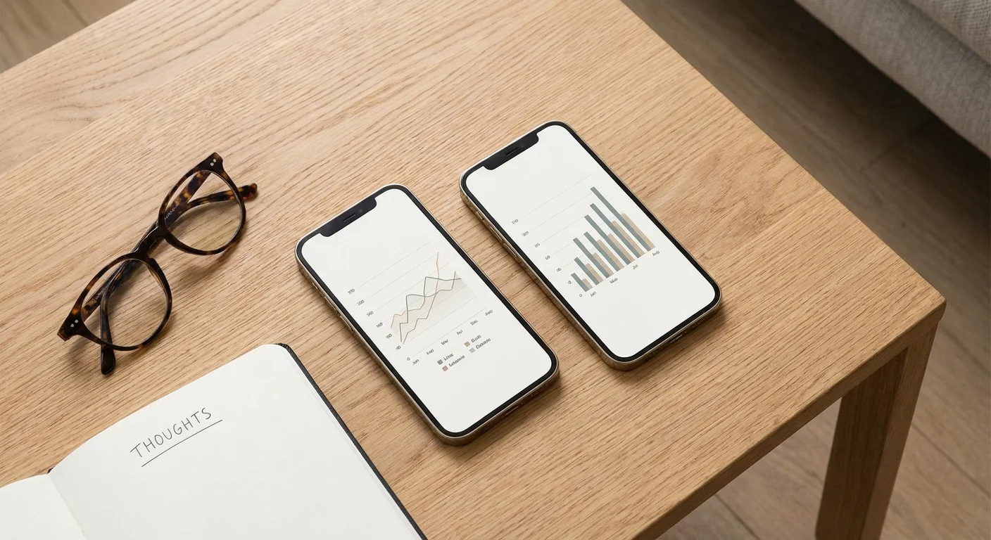 Top-down view of two smartphones on a wooden table with a notebook.