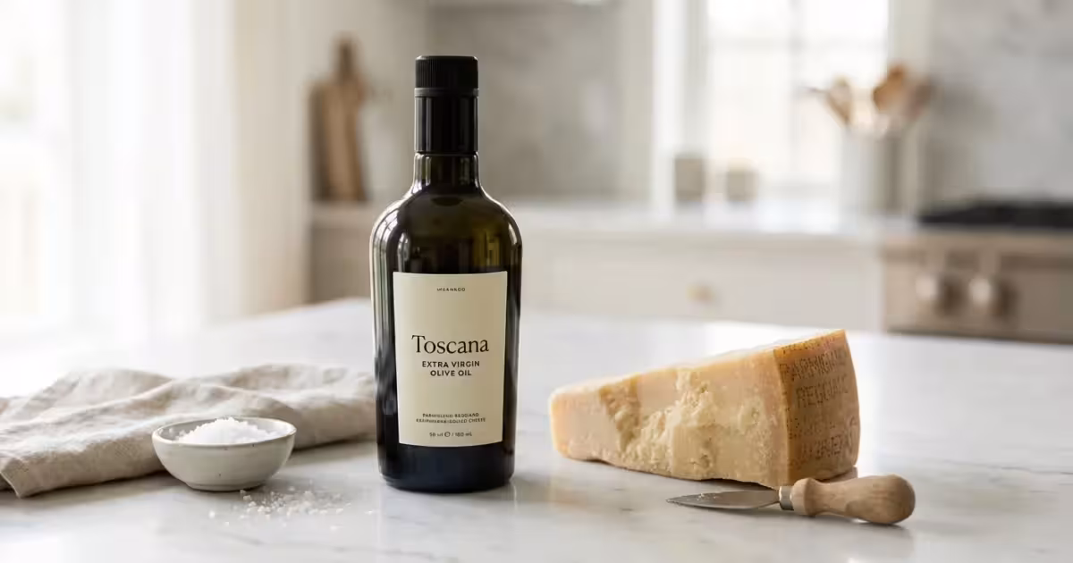 Bottle of Toscana olive oil and Parmesan cheese on a bright marble kitchen counter