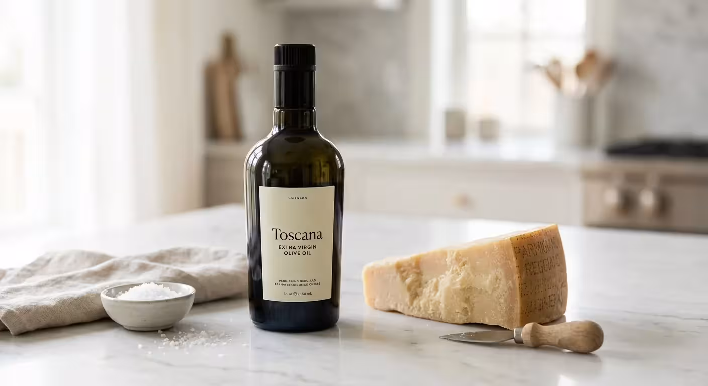 Bottle of Toscana olive oil and Parmesan cheese on a bright marble kitchen counter
