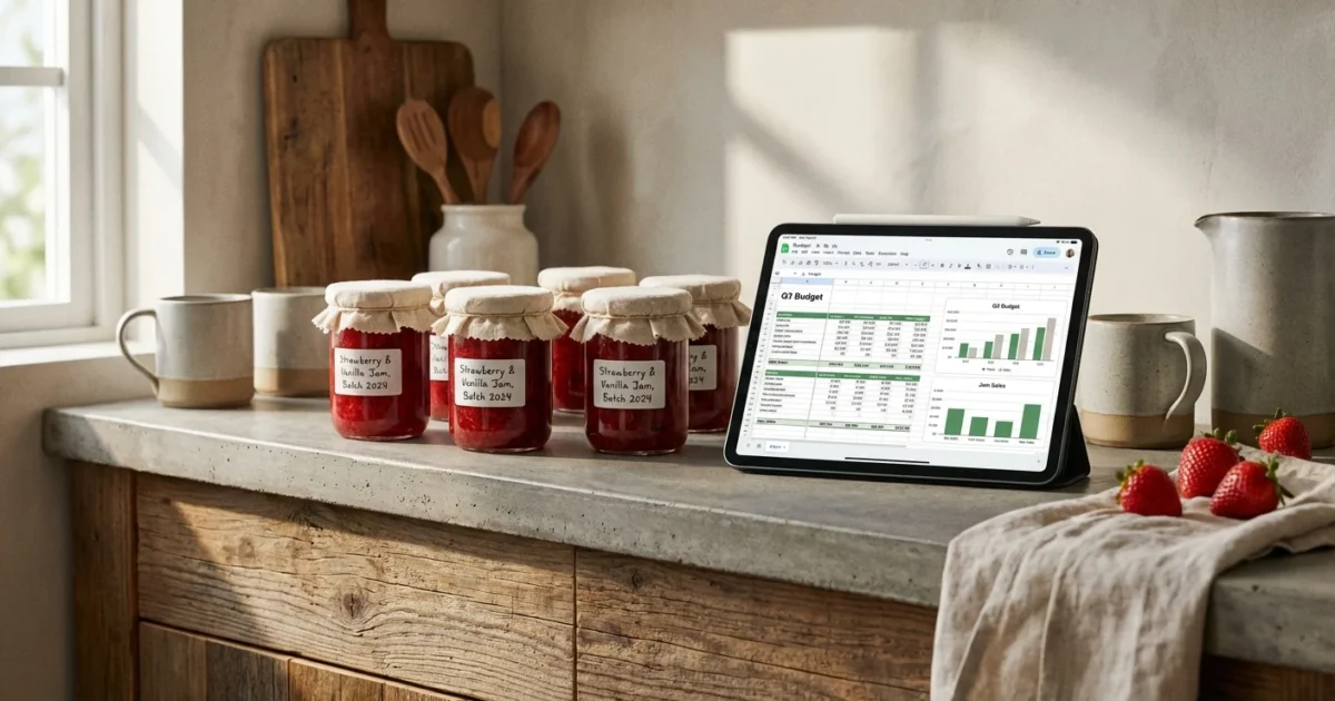 Homemade strawberry jam jars on a kitchen counter next to a business budget tablet