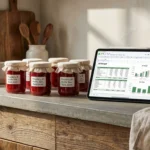 Homemade strawberry jam jars on a kitchen counter next to a business budget tablet