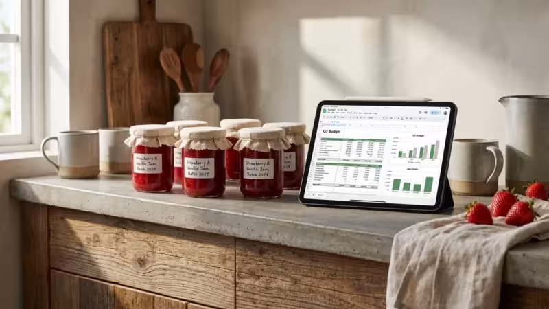 Homemade strawberry jam jars on a kitchen counter next to a business budget tablet