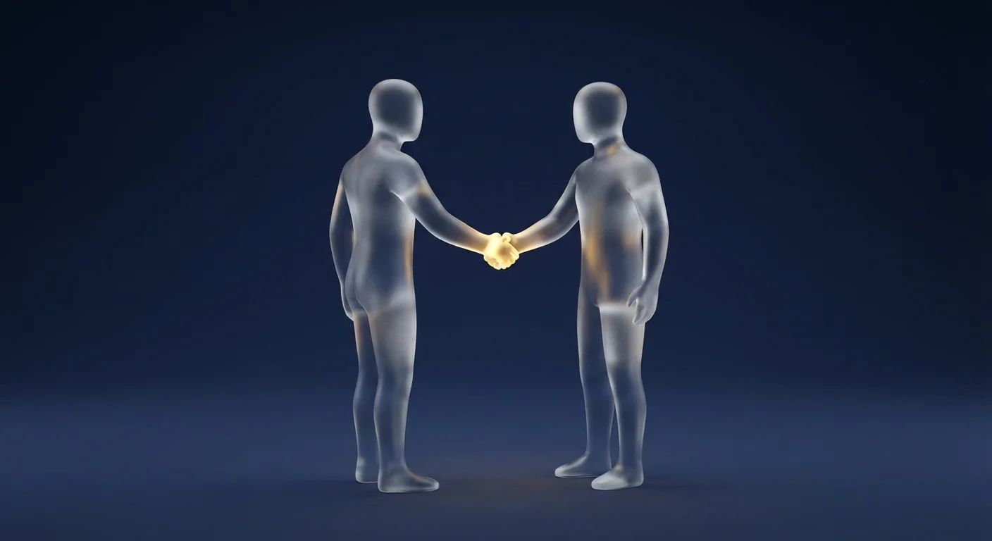 Two frosted glass figures shaking hands in a 3D minimalist space.