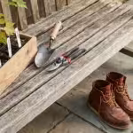 Tree saplings in a wooden box, gardening tools, and leather boots on a garden bench.
