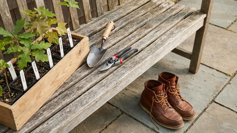 Tree saplings in a wooden box, gardening tools, and leather boots on a garden bench.