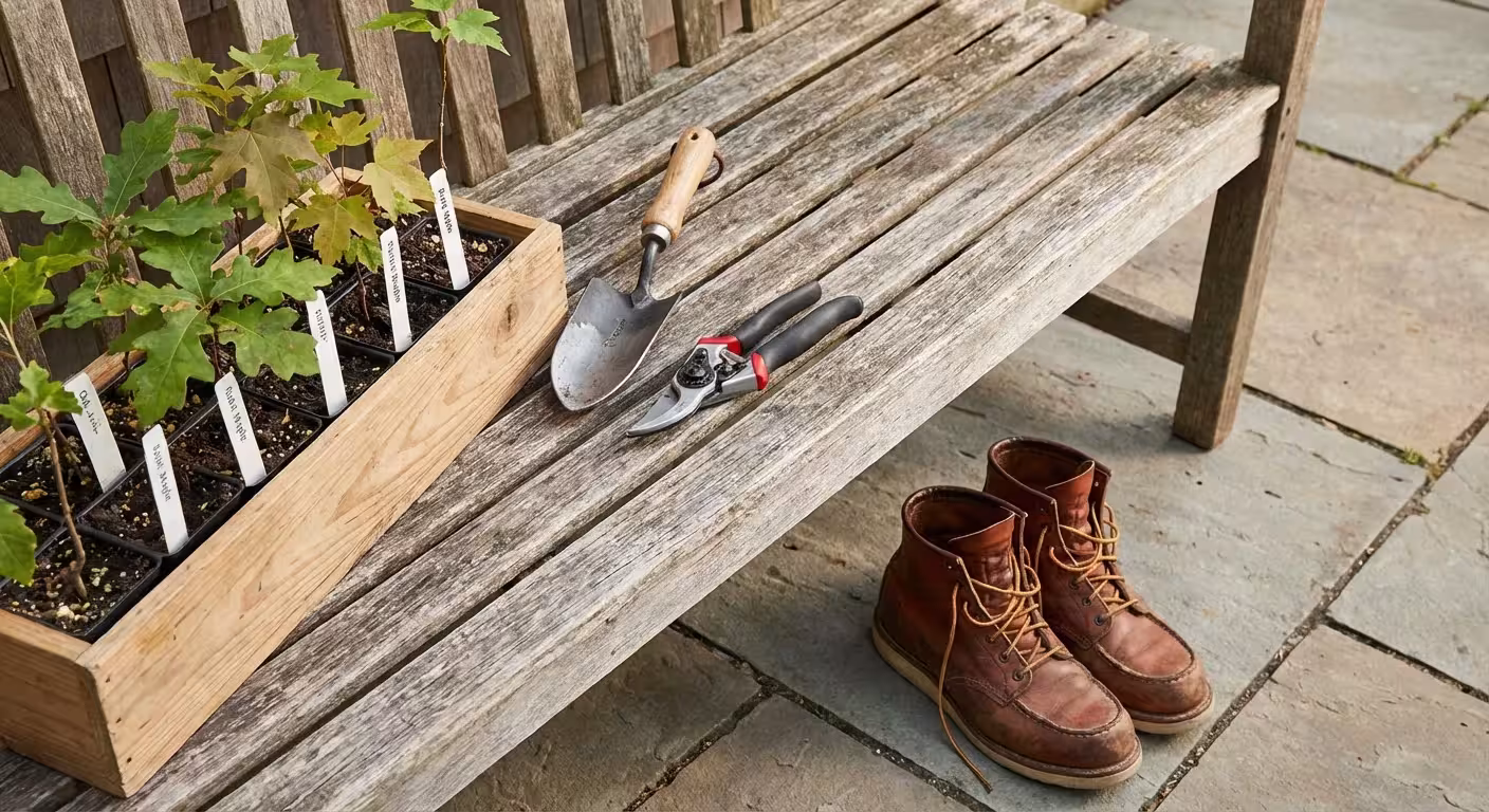 Tree saplings in a wooden box, gardening tools, and leather boots on a garden bench.