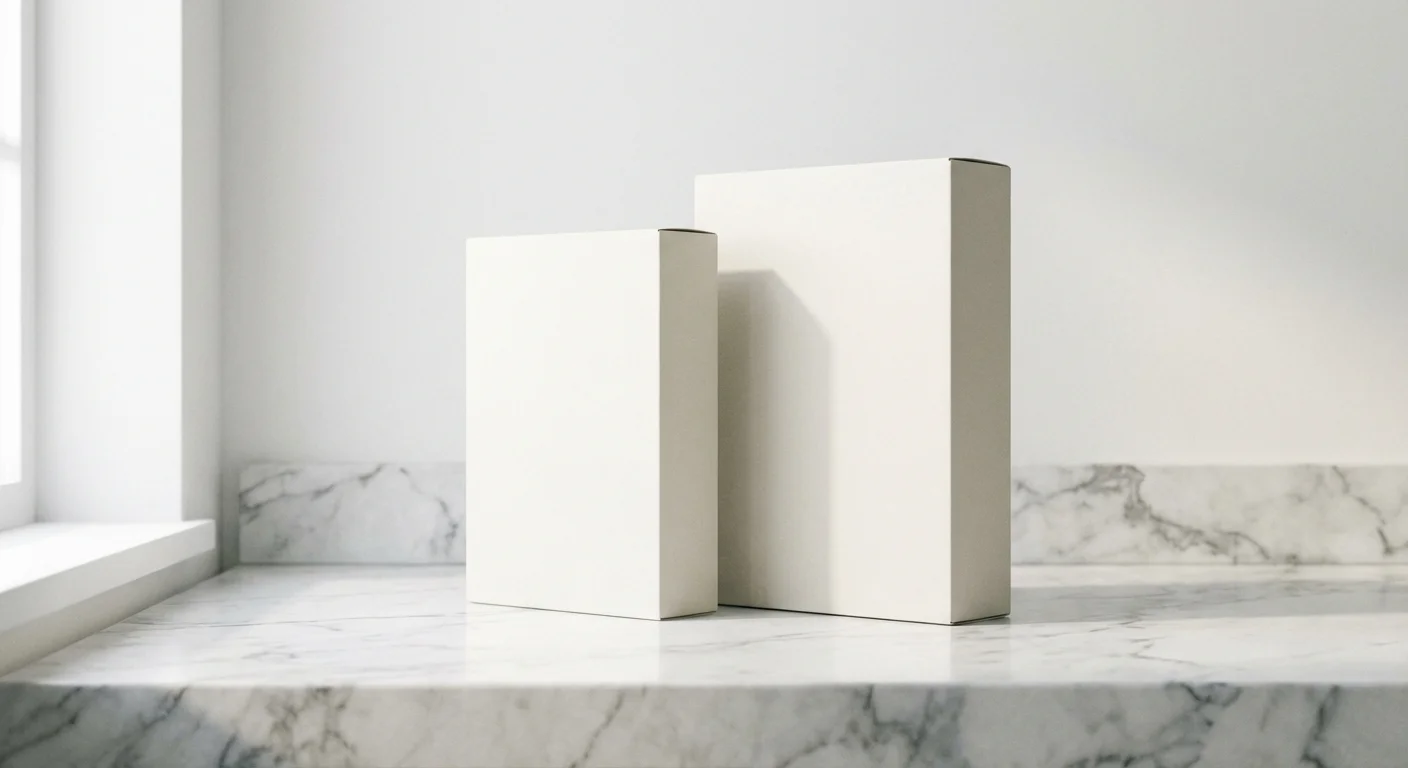 Two plain white cardboard product boxes standing on a white marble countertop near a window