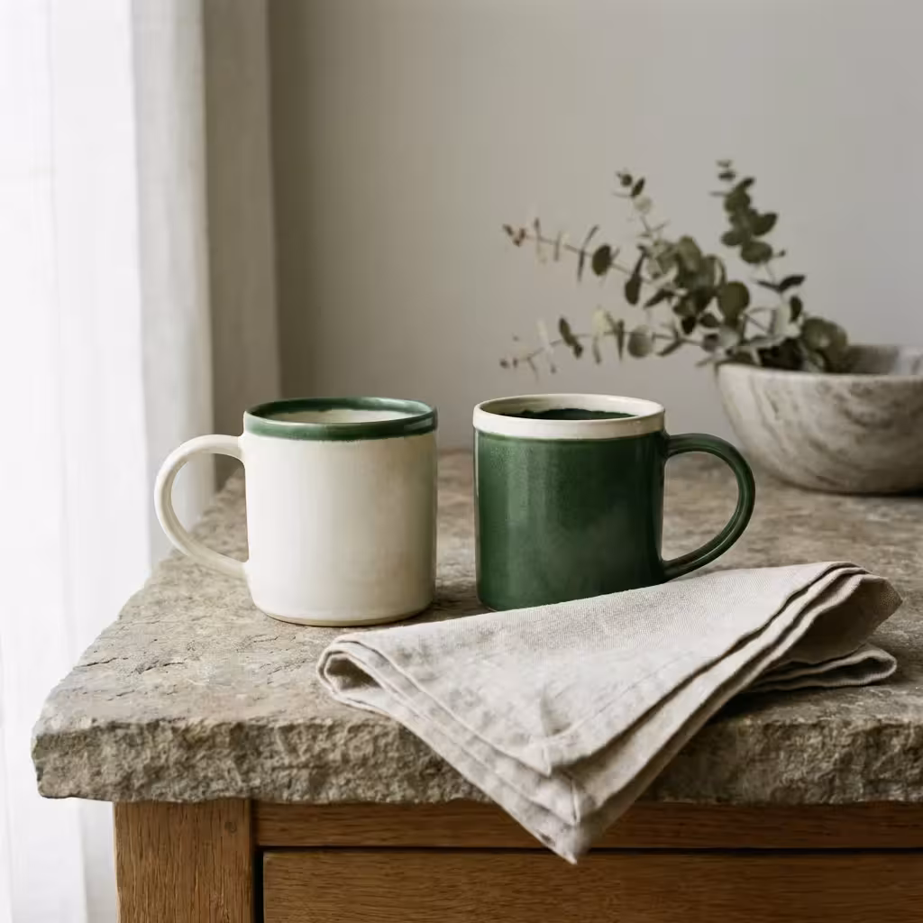Two minimalist ceramic mugs sitting on a clean stone countertop.