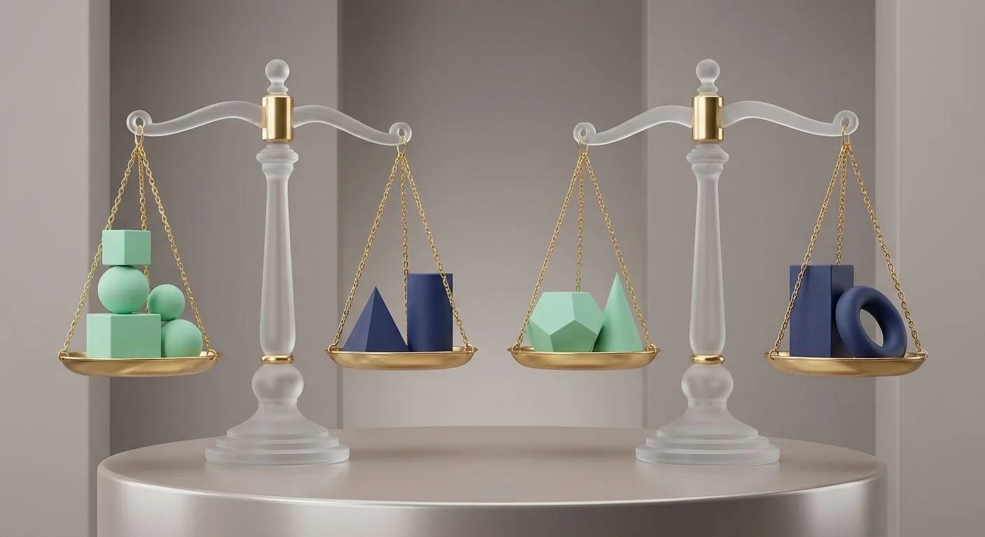 Symmetrical 3D scales balancing different geometric shapes in a clean setting.