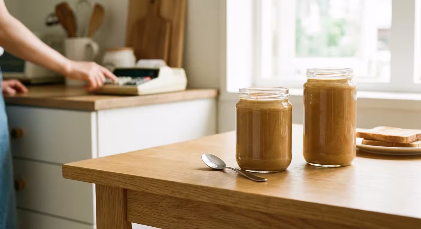 Side-by-side comparison of two peanut butter jars of slightly different sizes.