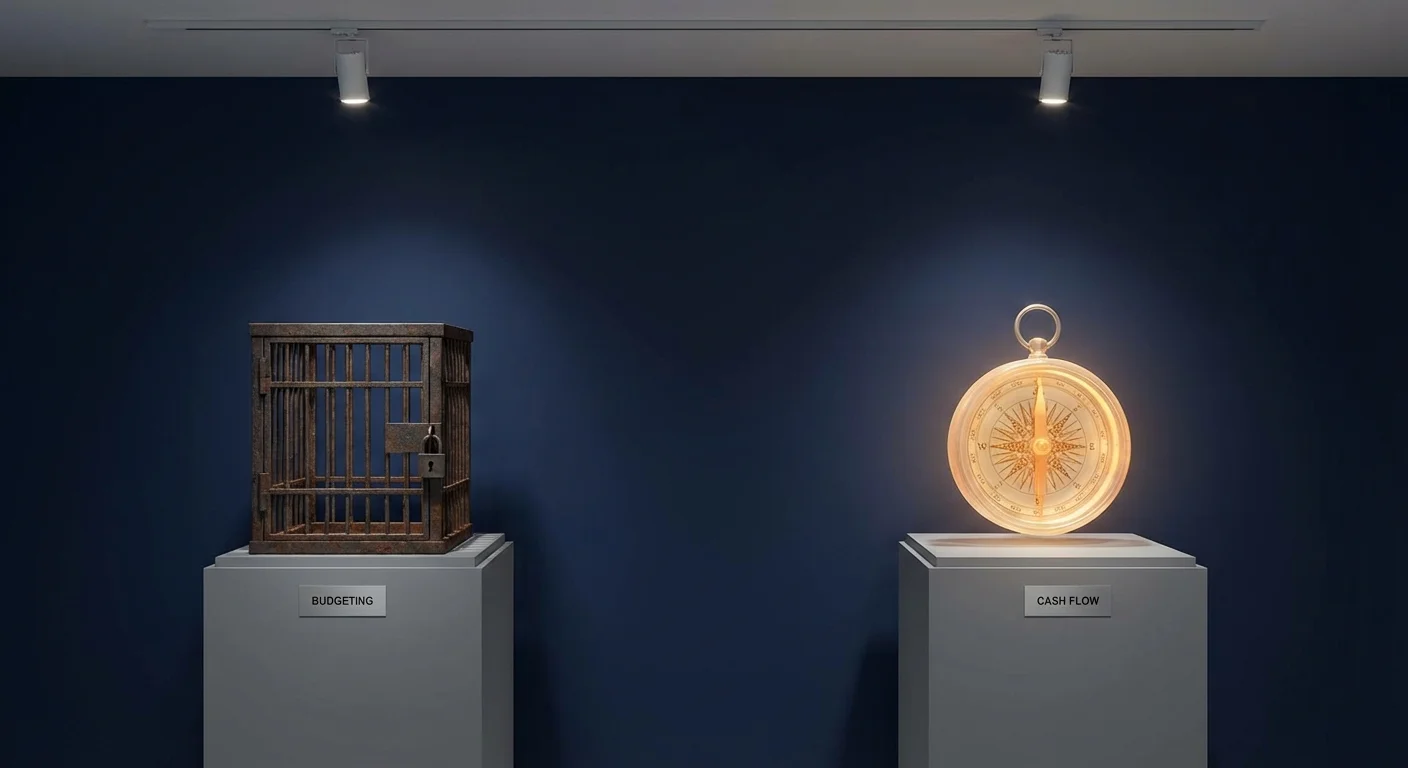 Two pedestals holding an iron cage and a golden compass, representing two financial mindsets.